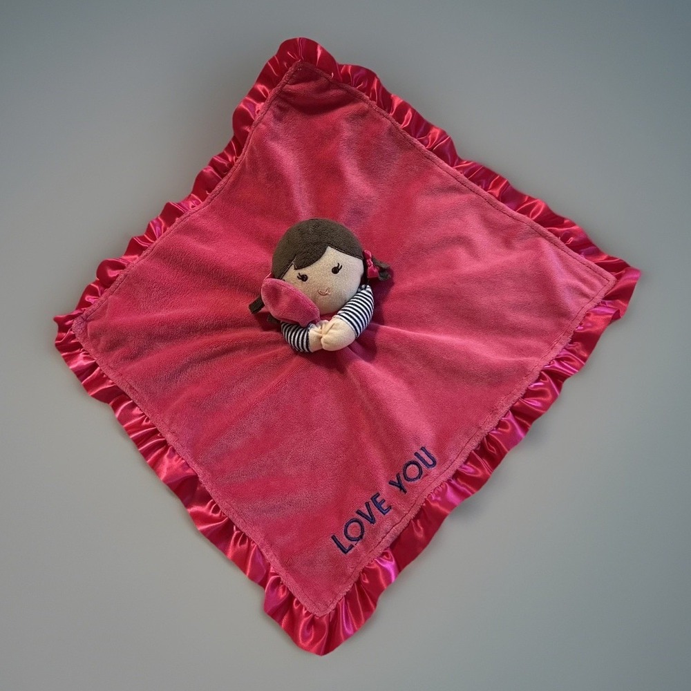Carters Girl Doll Lovey Plush I Love You Pink Security Blanket Rattle Brown Hair